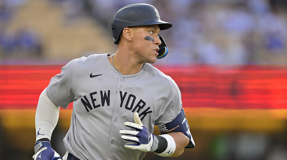 New York Yankees right fielder Aaron Judge (99) rounds the bases on his second solo home run of the game in the eighth inning against the Los Angeles Dodgers at Dodger Stadium.