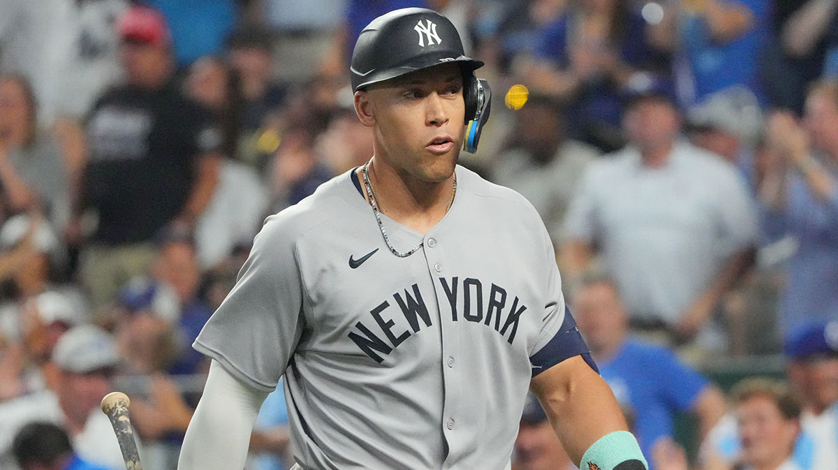 New York Yankees right fielder Aaron Judge (99) reacts after striking out against the Kansas City Royals in the seventh inning at Kauffman Stadium.