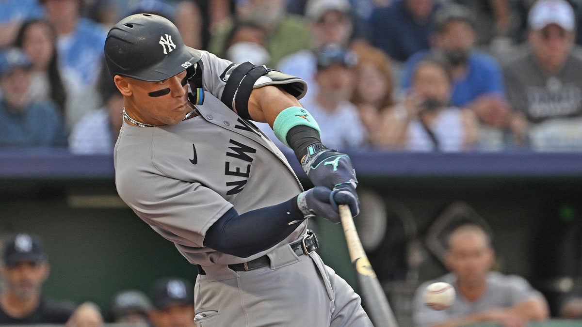 Jun 10, 2025; Kansas City, Missouri, USA; New York Yankees designated hitter Aaron Judge (99) hits a two-run home run in the first inning against the Kansas City Royals at Kauffman Stadium.