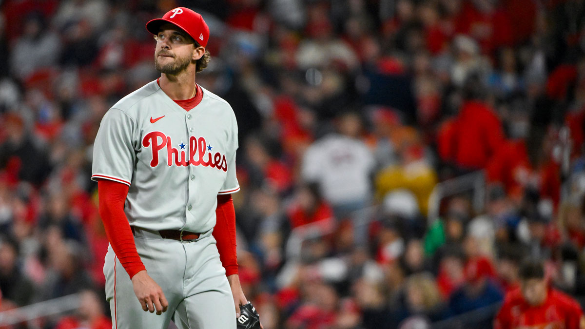Apr 11, 2025; St. Louis, Missouri, USA; Philadelphia Phillies starting pitcher Aaron Nola (27) walks off the field after the fifth inning against the St. Louis Cardinals at Busch Stadium. Mandatory Credit: Jeff Curry-Imagn Images