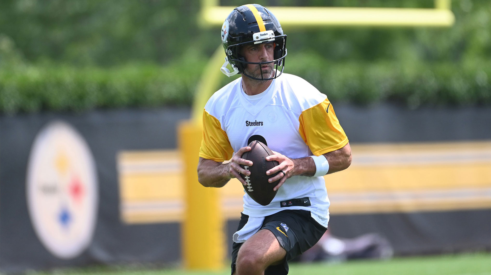 Jun 10, 2025; Pittsburgh, PA, USA; Pittsburgh Steelers quarterback Aaron Rodgers (8) drops back to pass during minicamp at their South Side facility. Mandatory Credit: Philip G. Pavely-Imagn Images