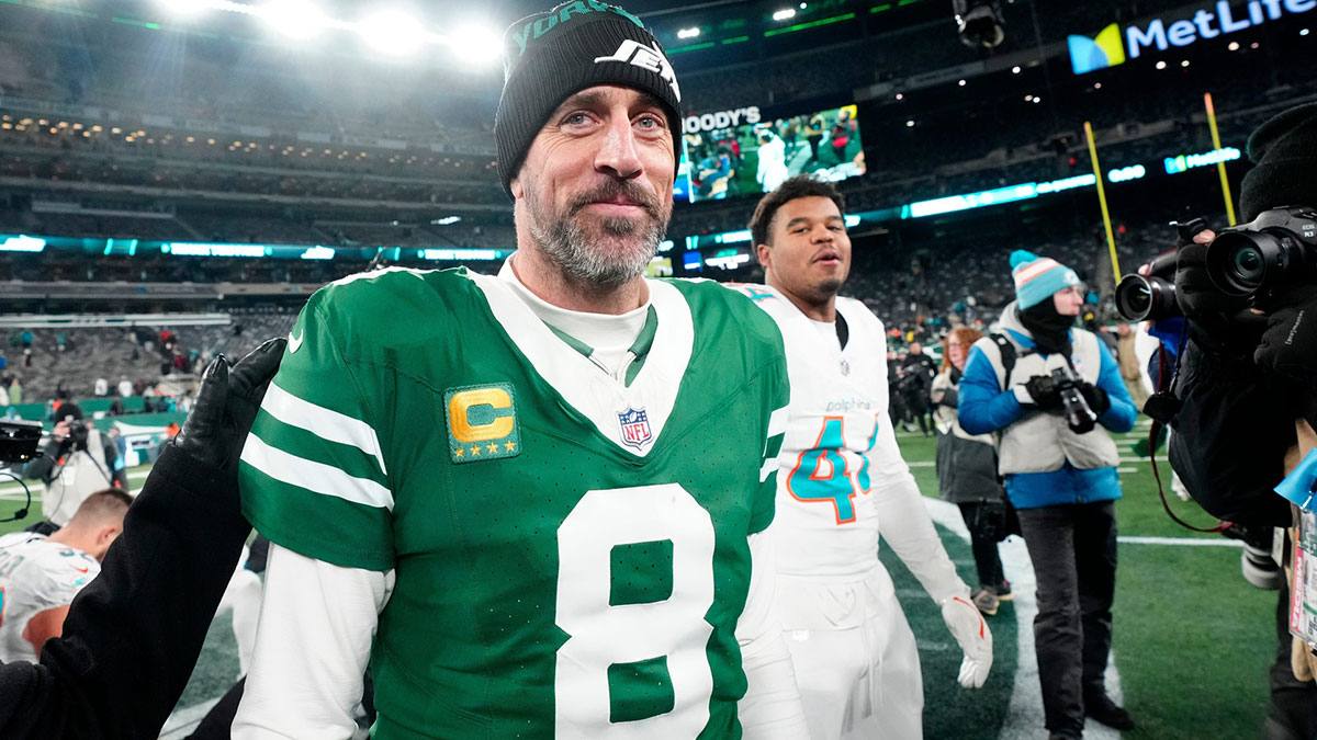 New York Jets quarterback Aaron Rodgers (8) is shown after he led Gang Green to a 32-20 victory against the Miami Dolphins, on Jan. 5, 2025, in East Rutherford, N.J.