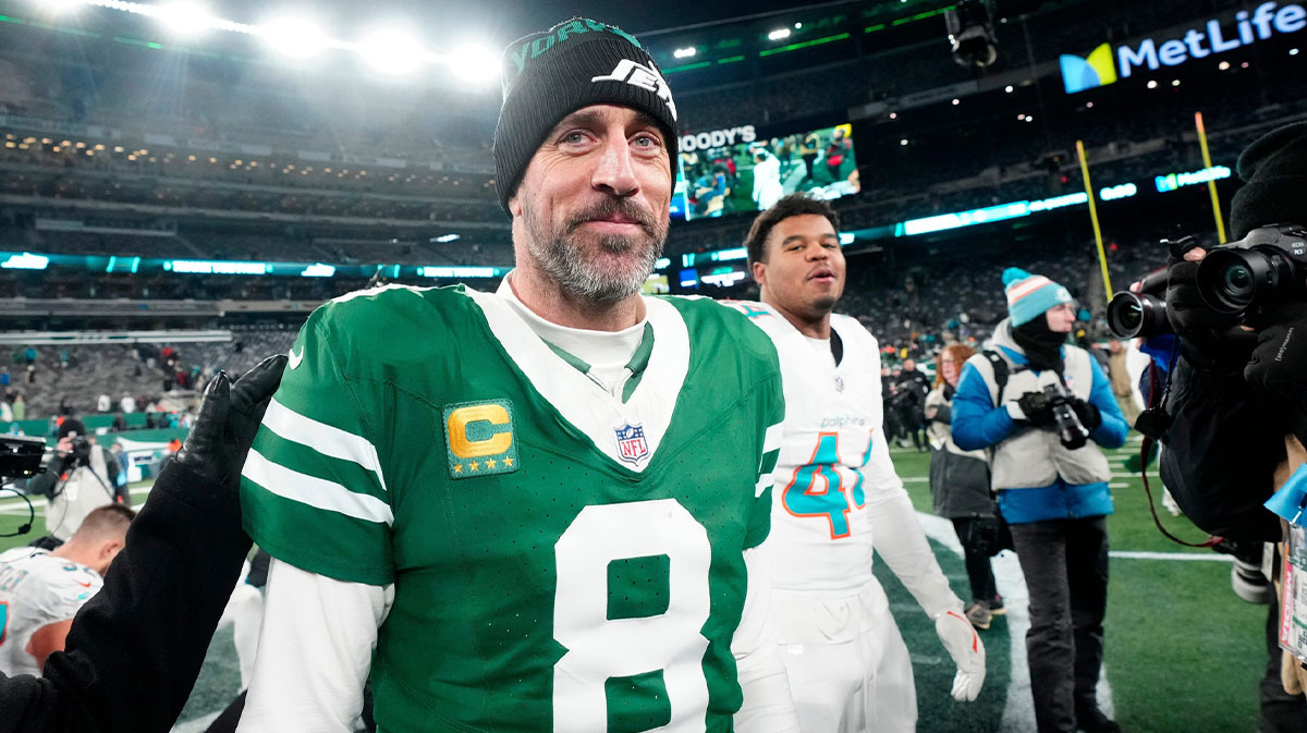 New York Jets quarterback Aaron Rodgers (8) is shown after he led Gang Green to a 32-20 victory against the Miami Dolphins.