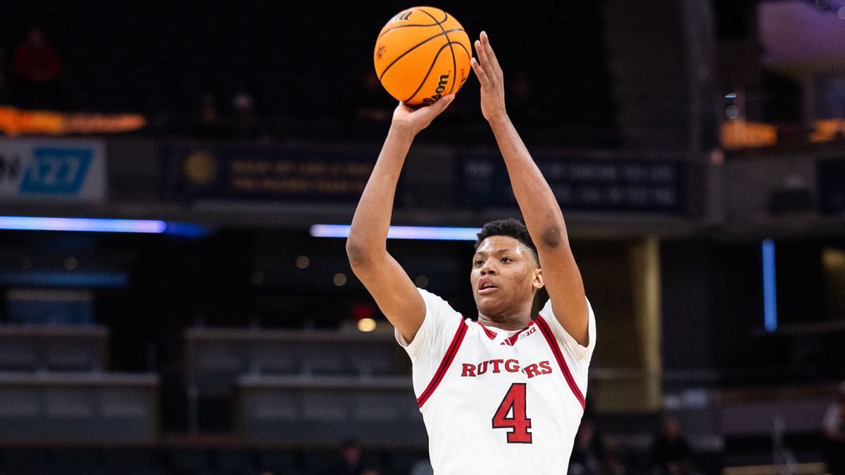 Rutgers Scarlet Knights guard Ace Bailey (4) shoots the ball in the second half against the USC Trojans at Gainbridge Fieldhouse. Whitmore