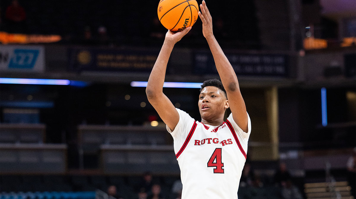 Rutgers Scarlet Knights guard Ace Bailey (4) shoots the ball in the second half against the USC Trojans at Gainbridge Fieldhouse. Trevor Ruszkowski-Imagn Images