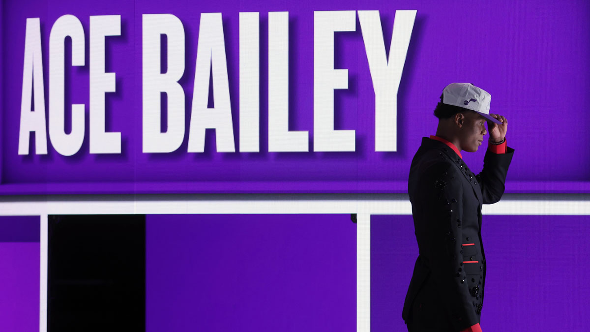 Ace Bailey looks on after being selected as the fifth pick by the Utah in the first round of the 2025 NBA Draft at Barclays Center.