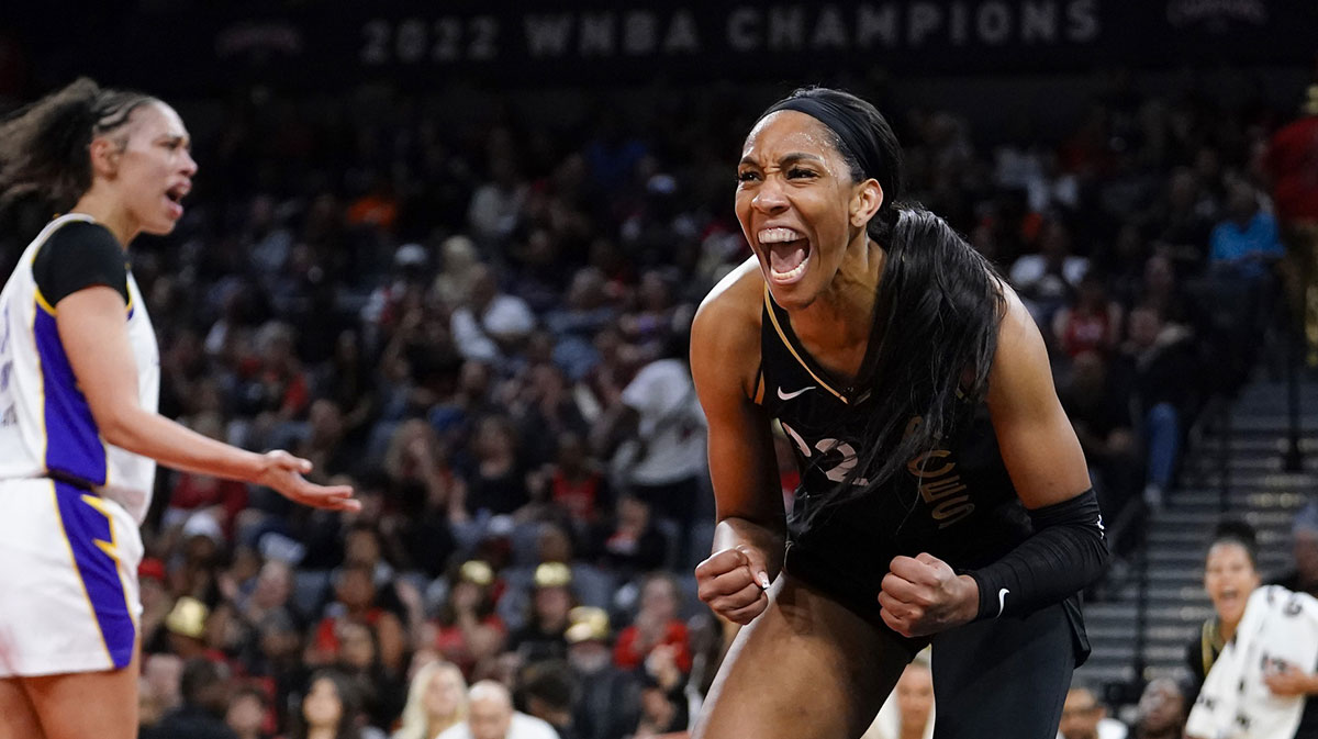 Las Vegas Aces forward Aja Wilson reacts during the second quarter against the Los Angeles Sparks at Michelob Ultra Arena.