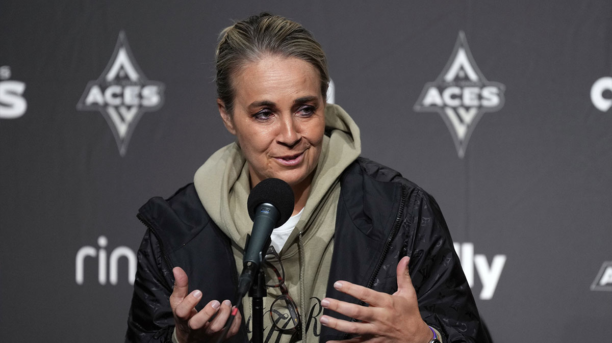 Las Vegas Aces head coach Becky Hammon talks to media members before the game against the Golden State Valkyries at Chase Center. 