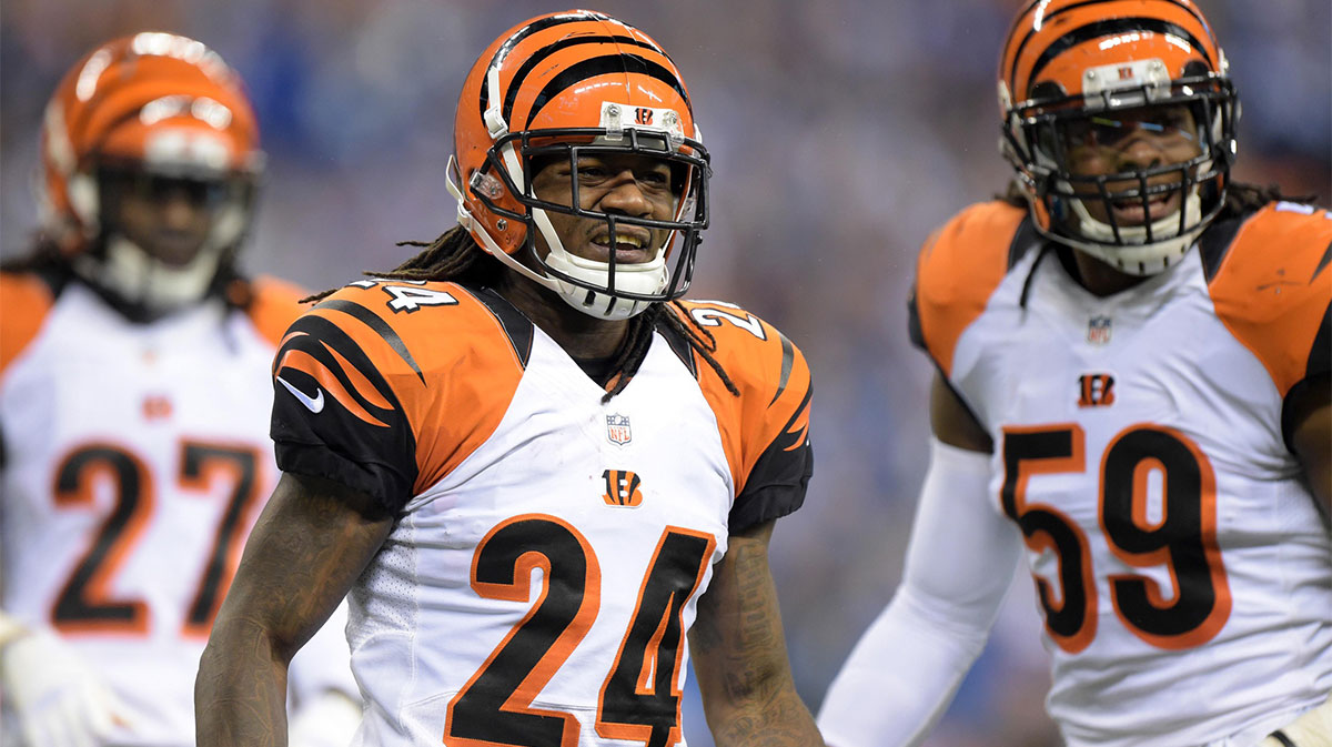 Jan 4, 2015; Indianapolis, IN, USA; Cincinnati Bengals cornerback Pacman Jones (Adam Jones) reacts during the 2014 AFC Wild Card playoff football game against the Indianapolis Colts at Lucas Oil Stadium.