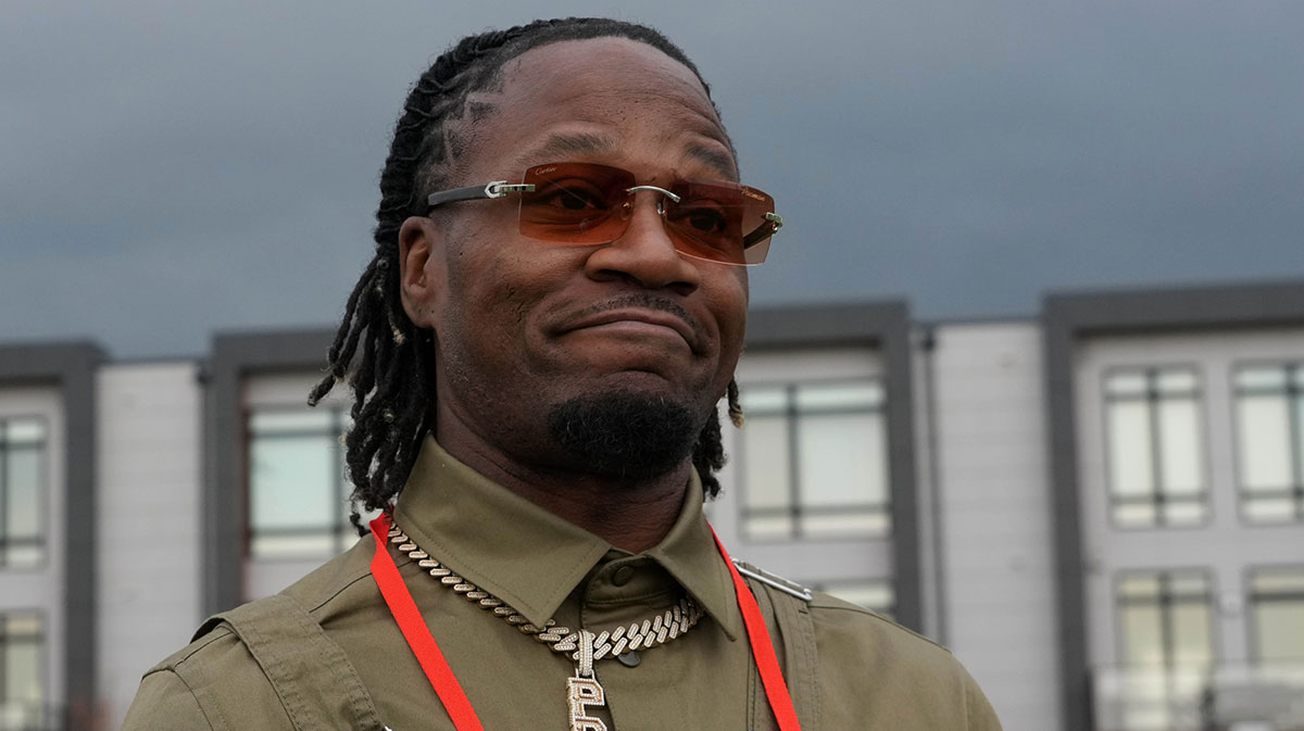Apr 23, 2025; Green Bay, WI, USA; Adam Jones aka Pacman Jones at the NFL Draft prospect clinic with Special Olympics at Draft Experience Field at Titletown. Mandatory Credit: Kirby Lee-Imagn Images