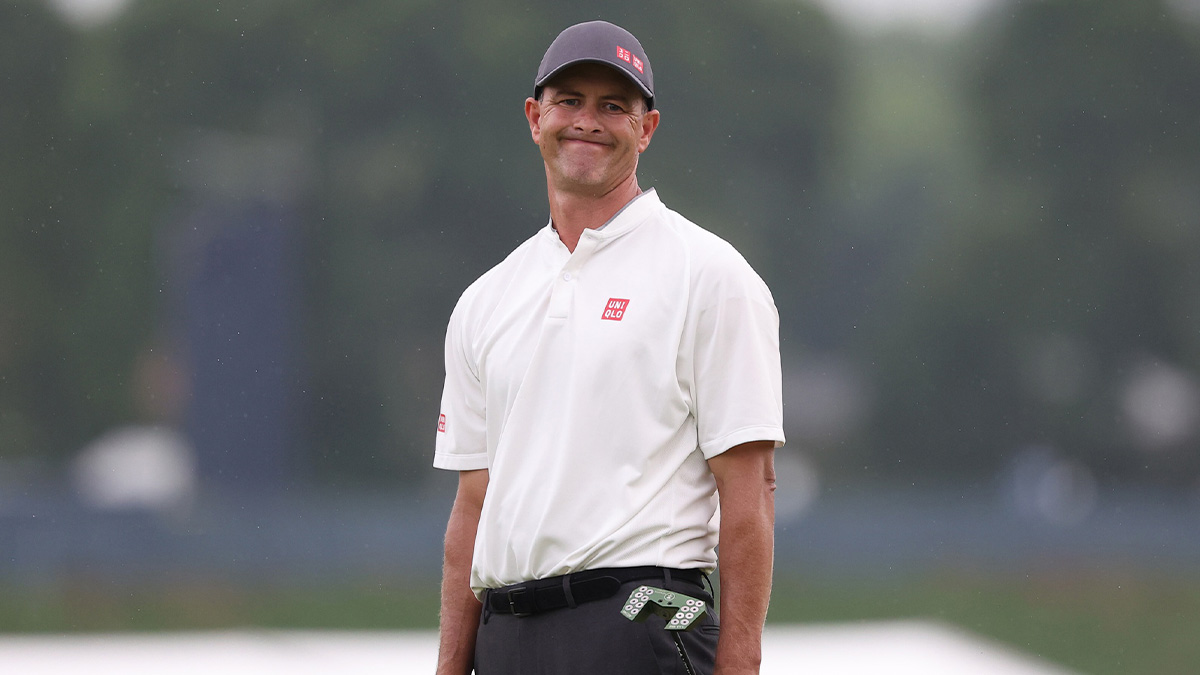 Adam Scott reacts after putting on the 13th green during the final round of the U.S. Open golf tournament.