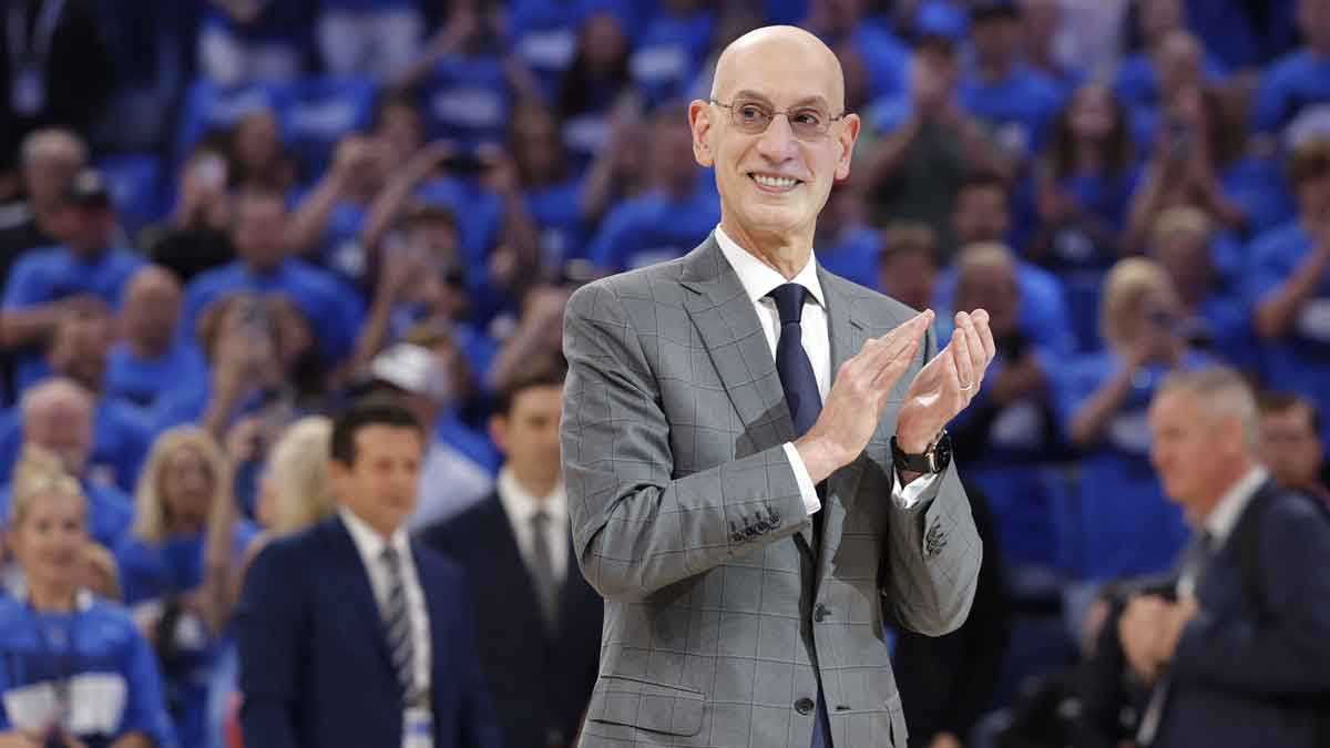 NBA commissioner is Adam Silver presents Oklahoma City Thunder guard Shai Gilgeous-Alexander (not pictured) with the Michael Jordan Trophy for winning the most valuable player award for the 2024-25 season before game two of the western conference finals for the 2025 NBA Playoffs at Paycom Center.