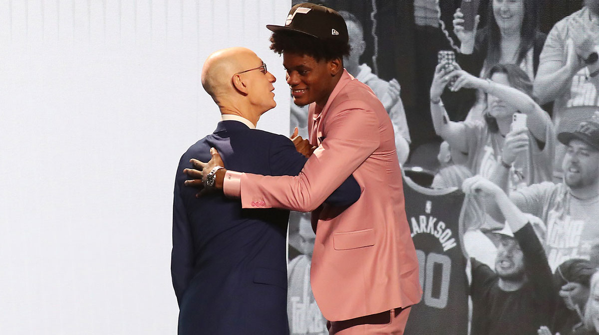 Taylor Hendricks (UCF) is greeted by NBA commissioner Adam Silver after being selected ninth by the Utah Jazz in the first round of the 2023 NBA Draft at Barclays Arena.