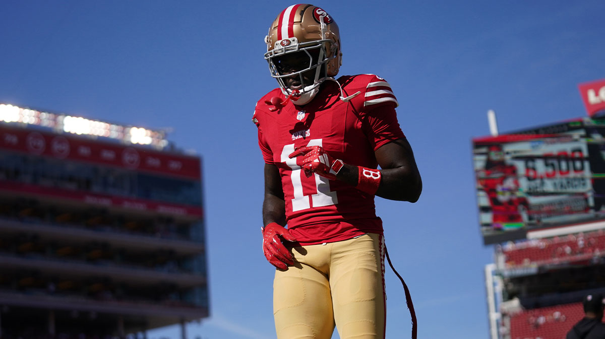 San Francisco 49ers wide receiver Brandon Aiyuk (11) walks on the field before the start of the game against the Kansas City Chiefs at Levi's Stadium.