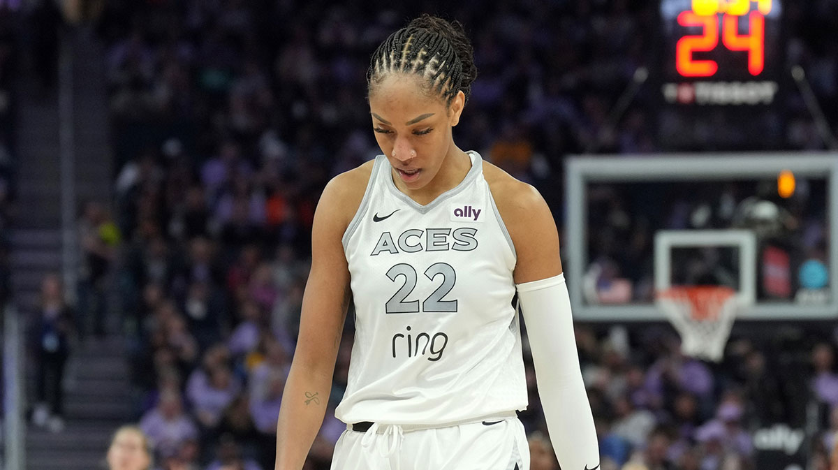 Las Vegas Aces center A'ja Wilson (22) walks on the court during the fourth quarter against the Golden State Valkyries at Chase Center.