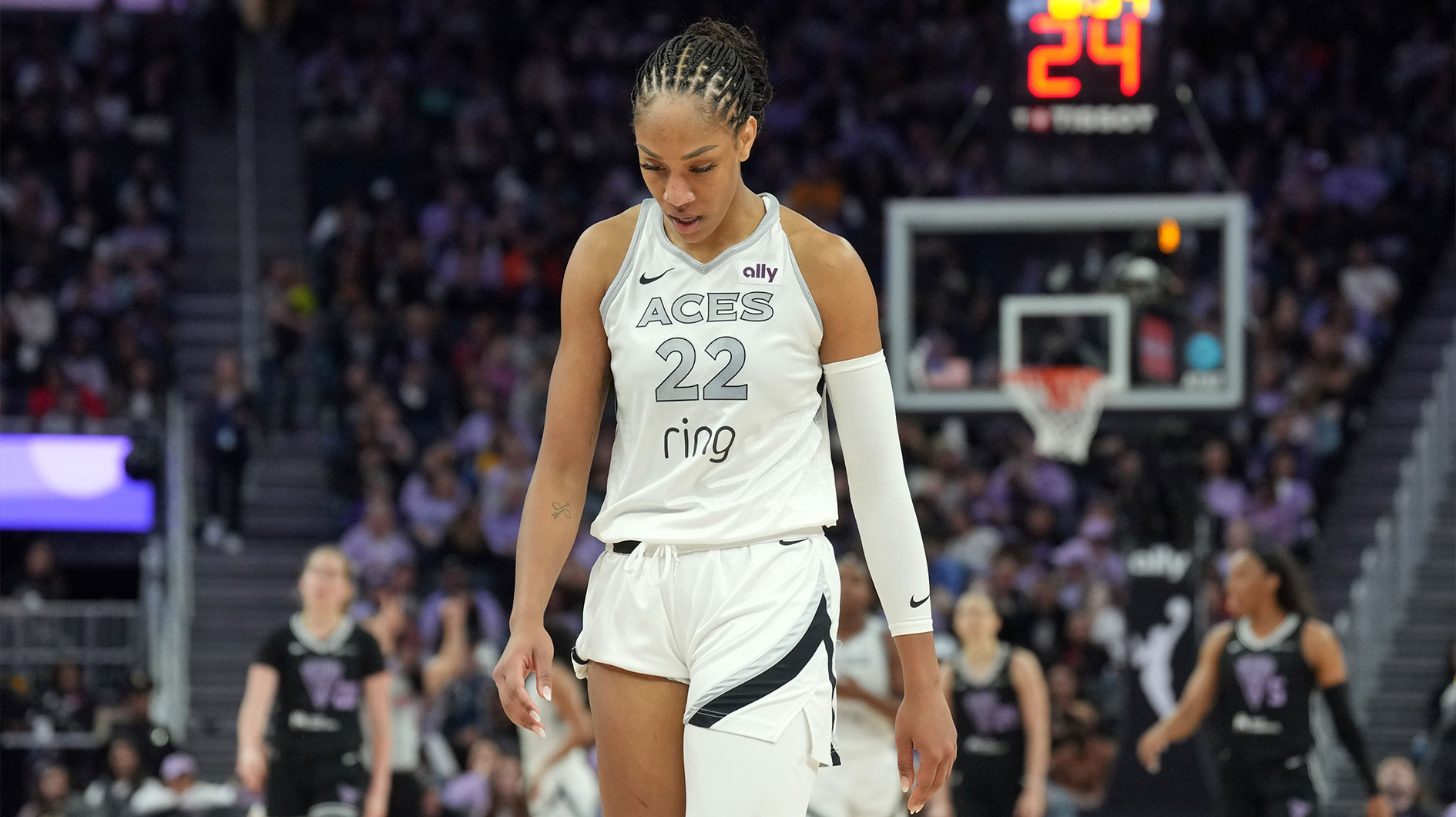 Las Vegas Aces center A'ja Wilson (22) walks on the court during the fourth quarter against the Golden State Valkyries at Chase Center.