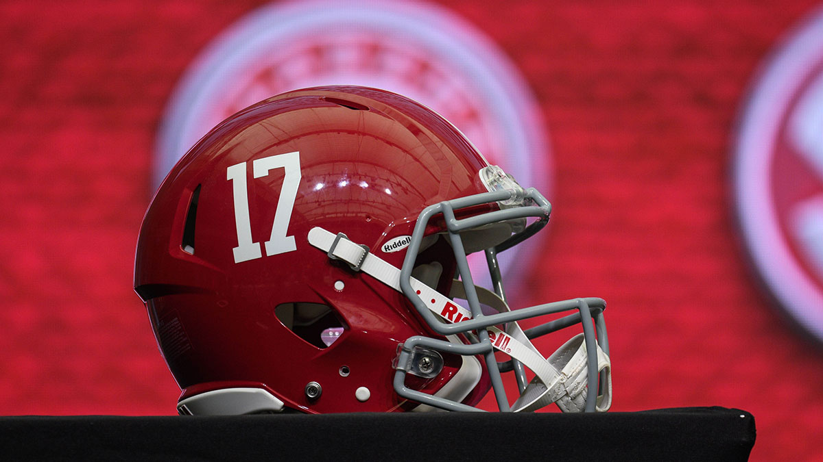 An Alabama Crimson Tide helmet is shown on the main stage during SEC football media day at the College Football Hall of Fame.