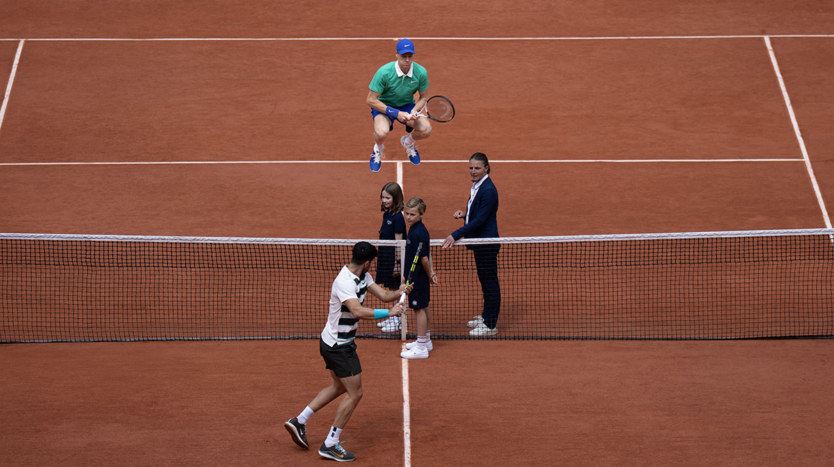 Jannik Sinner of Italy warms up prior to the start of the menís singles final against Carlos Alcaraz of Spain on day 15 at Roland Garros Stadium.