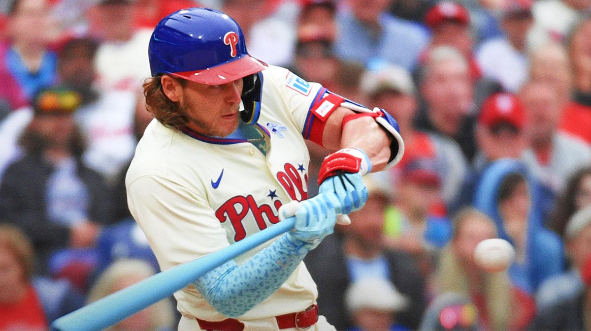 Philadelphia Phillies third base Alec Bohm (28) hits an RBI single during the third inning against the Toronto Blue Jays at Citizens Bank Park.