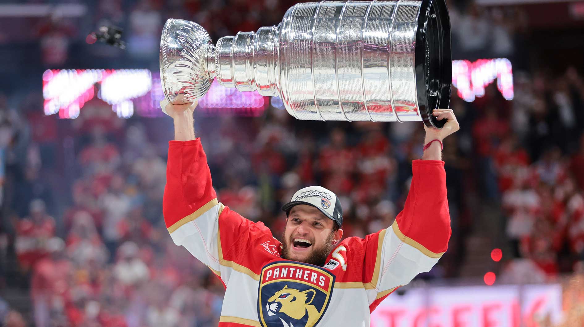Florida Panthers center Aleksander Barkov (16) hoists the Stanley Cup after winning game six of the 2025 Stanley Cup Final against the Edmonton Oilers at Amerant Bank Arena