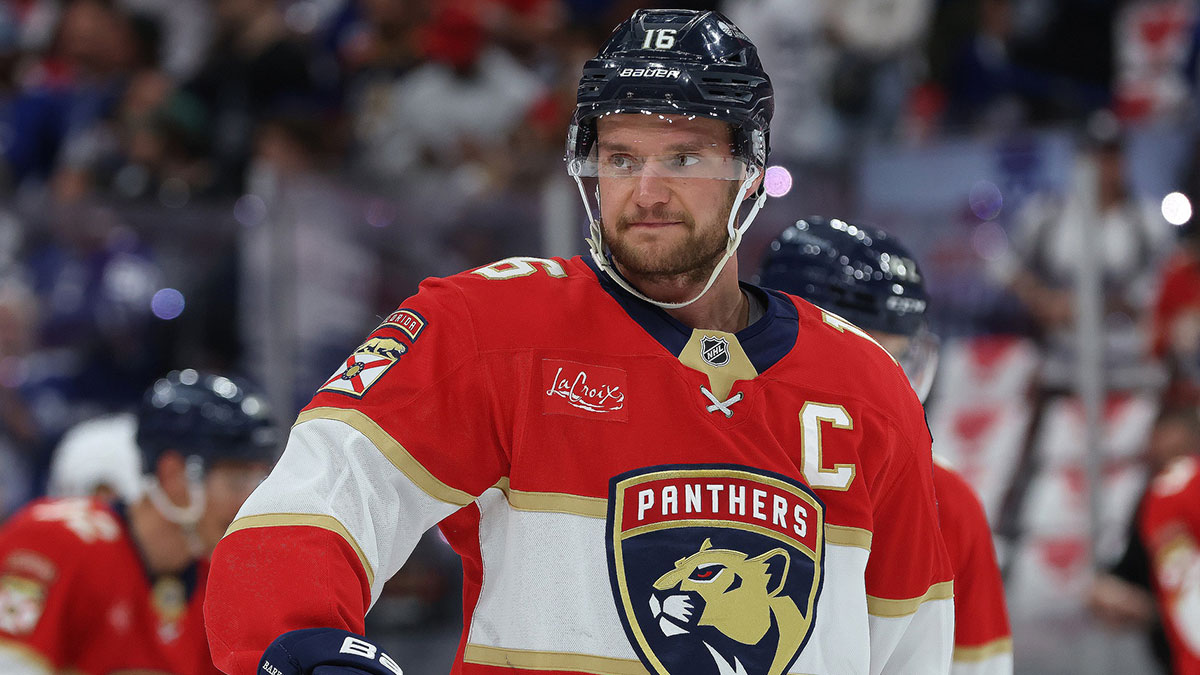 Florida Panthers center Aleksander Barkov (16) warms up against the Toronto Maple Leafs before game four of the second round of the 2025 Stanley Cup Playoffs at Amerant Bank Arena.