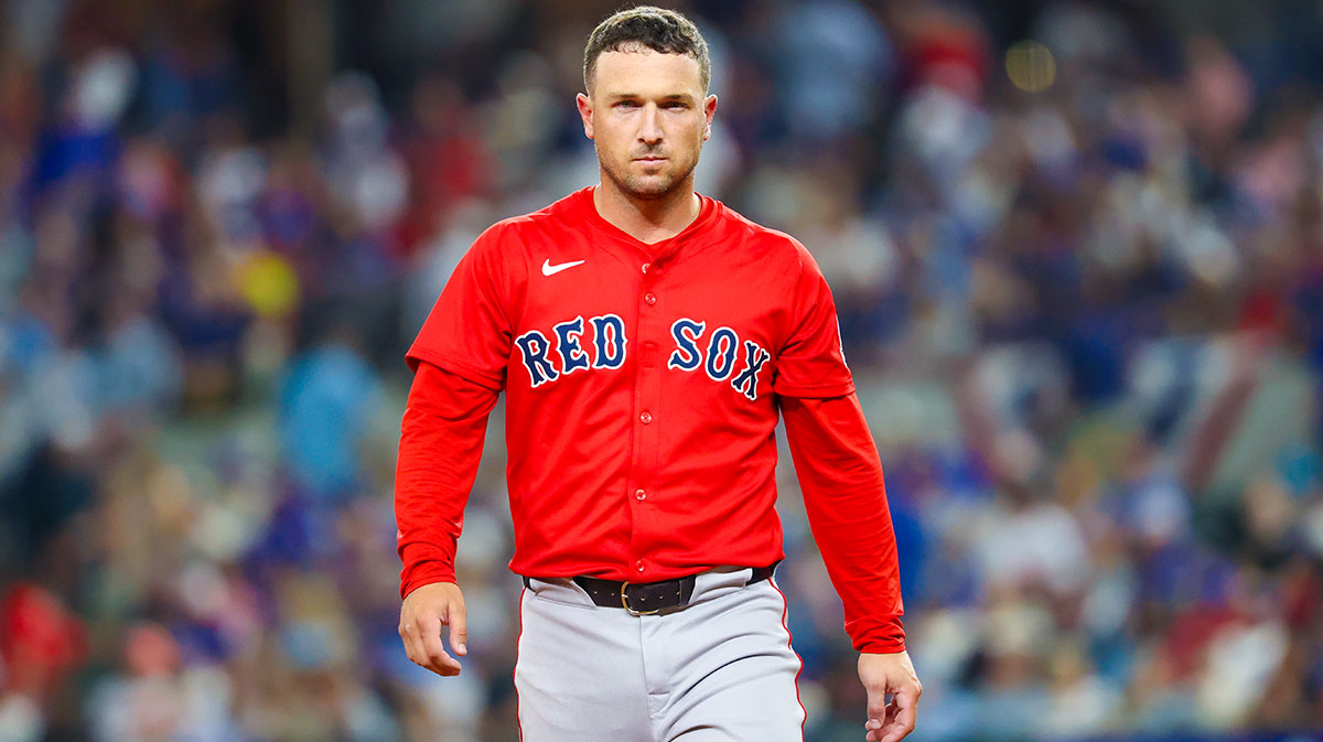 Mar 28, 2025; Arlington, Texas, USA; Boston Red Sox third baseman Alex Bregman (2) reacts during the game against the Texas Rangers at Globe Life Field. Mandatory Credit: Kevin Jairaj-Imagn Images
