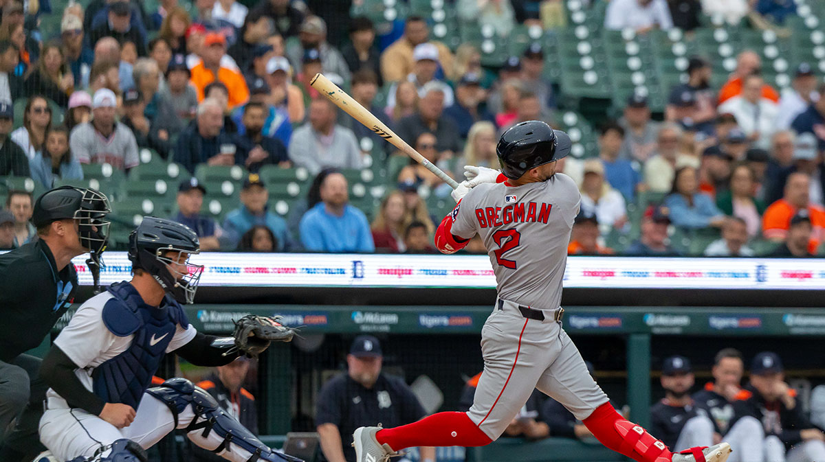 May 13, 2025; Detroit, Michigan, USA; Boston Red Sox third base Alex Bregman (2) strikes out to end the first inning against the Detroit Tigers at Comerica Park.