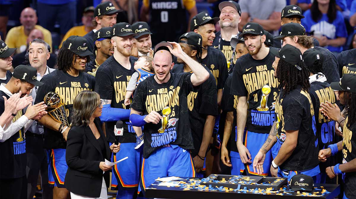 Oklahoma City Thunder guard Alex Caruso (9) celebrates after winning game seven of the 2025 NBA Finals against the Indiana Pacers at Paycom Center.