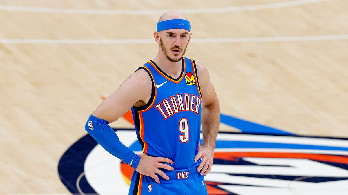 Oklahoma City Thunder guard Alex Caruso (9) looks on during the third quarter against the Indiana Pacers in game two of the 2025 NBA Finals at Paycom Center.