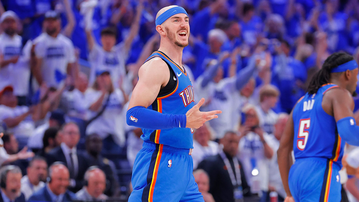 Oklahoma City Thunder guard Alex Caruso (9) celebrates after Oklahoma City Thunder guard Luguentz Dort scores a three point basket against the Minnesota Timberwolves in the fourth quarter during game five of the western conference finals for the 2025 NBA Playoffs at Paycom Center. 