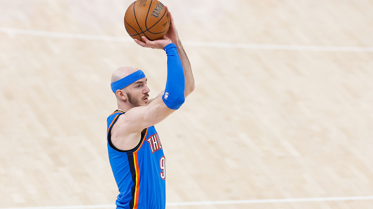 Oklahoma City Thunder guard Alex Caruso (9) jumps for a shot against the Indiana Pacers during the first half of game seven of the 2025 NBA Finals at Paycom Center.
