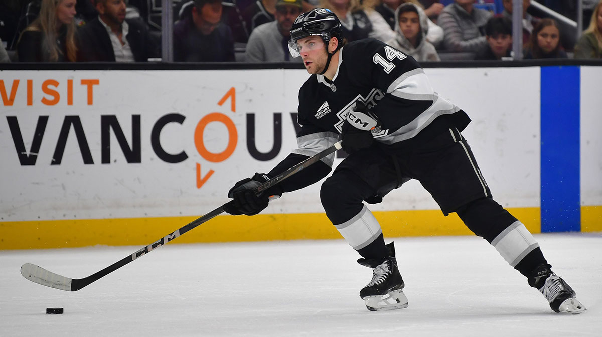 Los Angeles Kings right wing Alex Laferriere (14) moves in for a shot against the Anaheim Ducks during the second period at Crypto.com Arena.