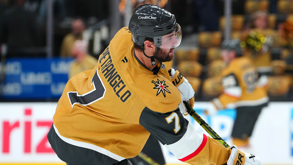 Vegas Golden Knights defenseman Alex Pietrangelo (7) warms up before game two of the second round of the 2025 Stanley Cup Playoffs against the Edmonton Oilers at T-Mobile Arena.