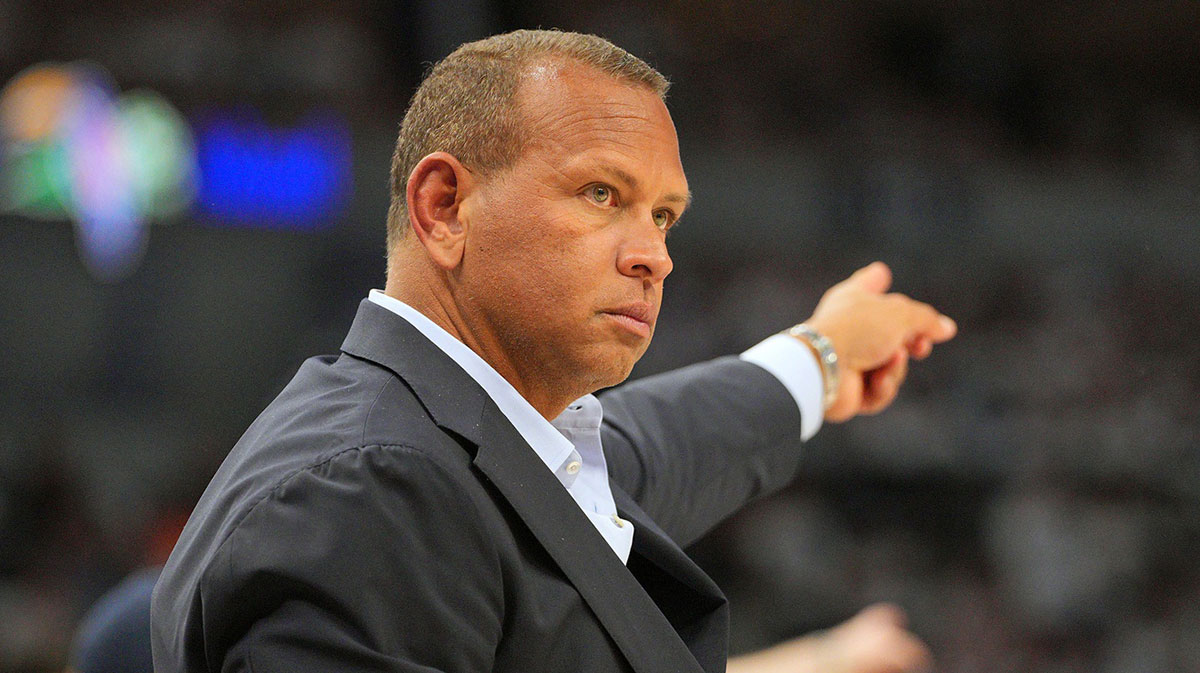 Minnesota Timberwolves co-owner Alex Rodriguez reacts against the Oklahoma City Thunder during the first half in game three of the western conference finals for the 2025 NBA Playoffs.