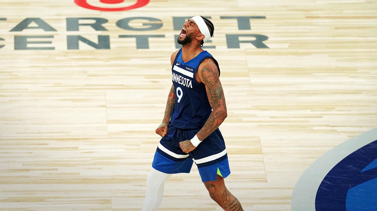 Minnesota Timberwolves guard Nickeil Alexander-Walker (9) reacts against the Oklahoma City Thunder in the second half during game four of the western conference finals for the 2025 NBA Playoffs at Target Center.
