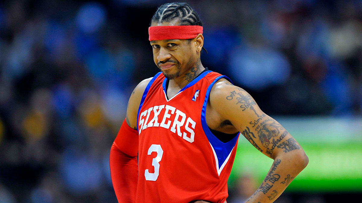 Philadelphia 76ers guard Allen Iverson (3) reacts to a technical foul called early in the first period against the Denver Nuggets at the Pepsi Center.