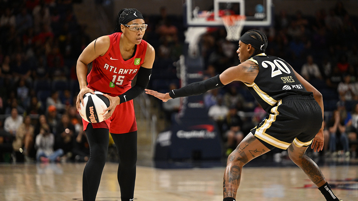 Atlanta Dream guard Allisha Gray (15) looks to drive past Washington Mystics guard Brittney Sykes (20) during the first quarter at CareFirst Arena.
