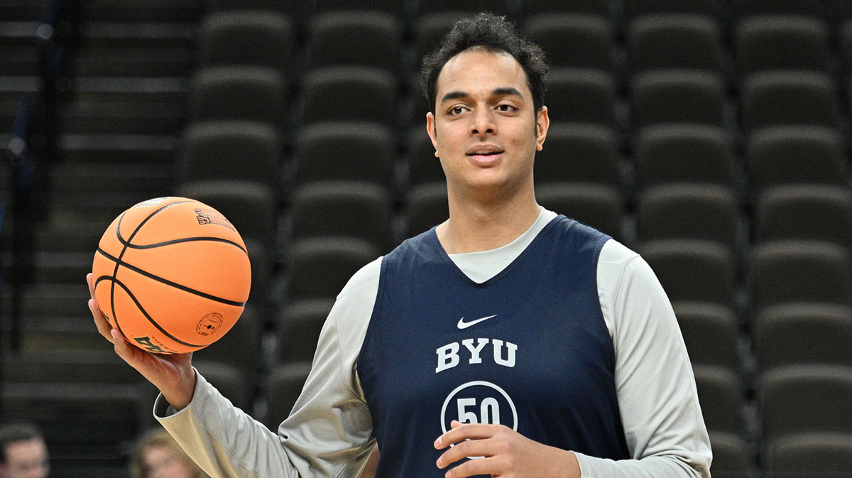 Brigham Young Cougars center Aly Khalifa (50) warms up during the NCAA first round practice session at CHI Health Center Omaha.