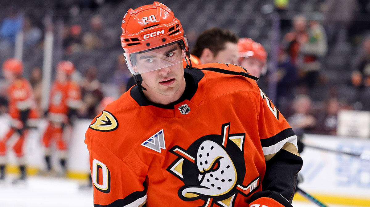 Anaheim Ducks right wing Brett Leason skates during warm ups before a game against the St. Louis Blues at Honda Center.