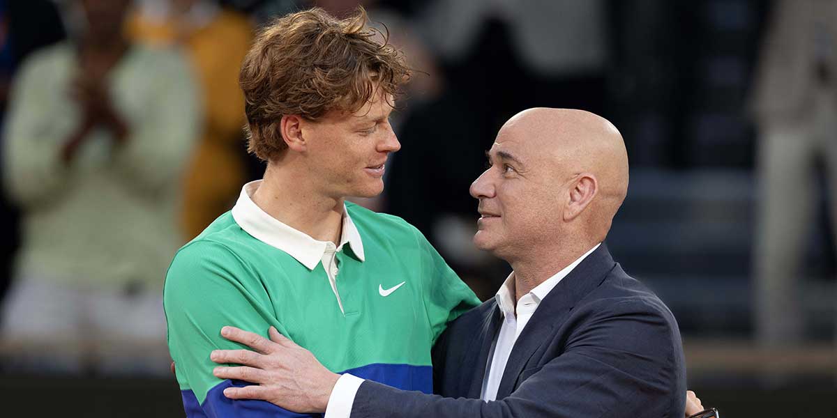 Andre Agassi and Jannik Sinner of Italy at the trophy presentation after Sinner lost the men’s singles final against Carlos Alcaraz of Spain on day 15 at Roland Garros Stadium.