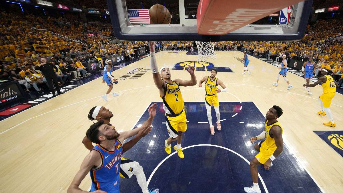 Indiana Pacers guard Andrew Nembhard (2) shoots the ball against the Oklahoma City Thunder during the second half during game three of the 2025 NBA Finals at Gainbridge Fieldhouse.