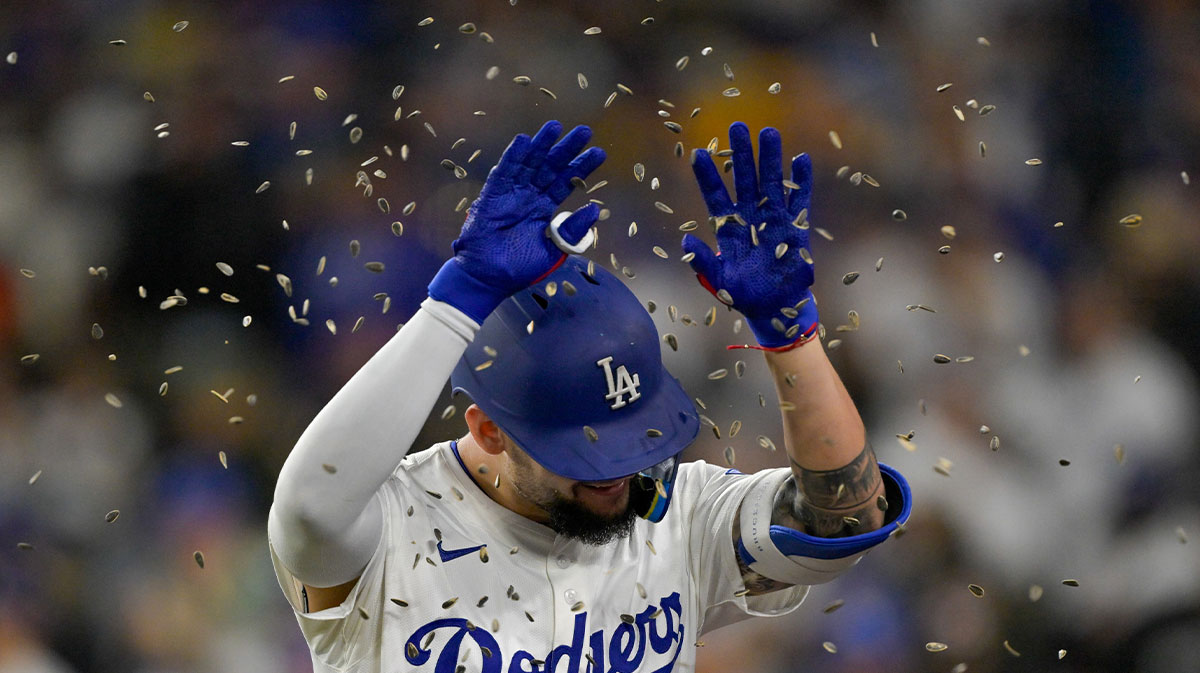 May 15, 2025; Los Angeles, California, USA; Los Angeles Dodgers right fielder Andy Pages (44) celebrates after hitting a three-run home run against the Athletics during the third inning of the game at Dodger Stadium. Mandatory Credit: Jayne Kamin-Oncea-Imagn Images