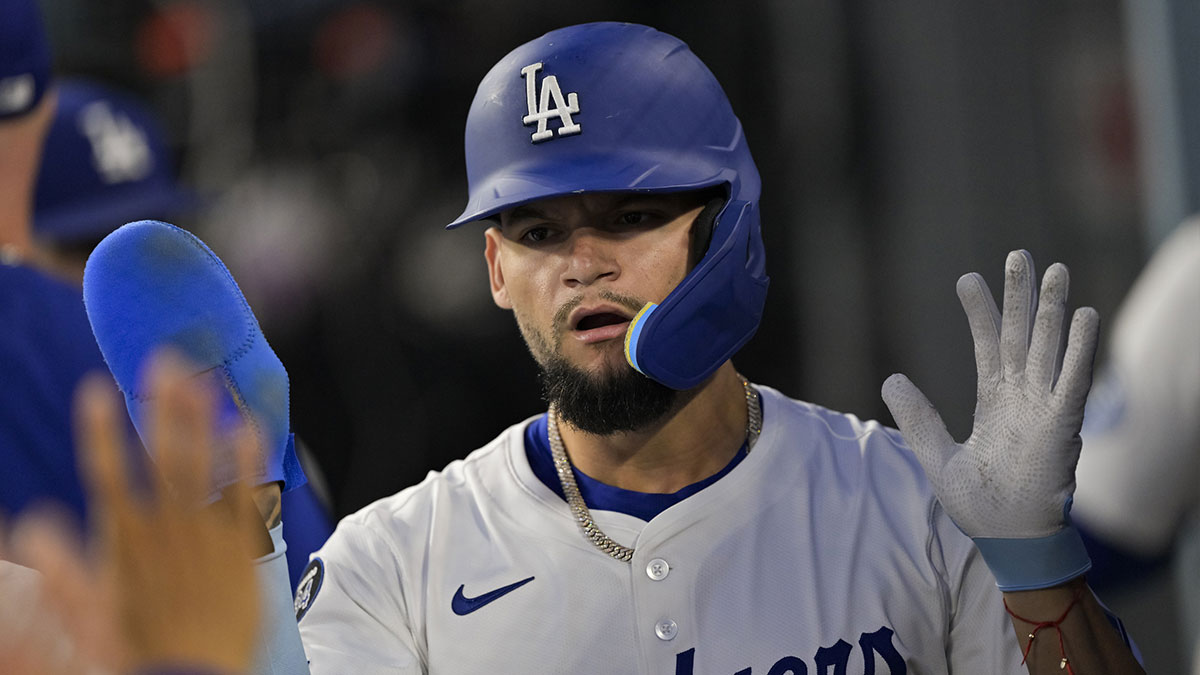 Jun 16, 2025; Los Angeles, California, USA; Los Angeles Dodgers center fielder Andy Pages (44) celebrates in the dugout after scoring during the third inning against the San Diego Padres at Dodger Stadium. Mandatory Credit: Jayne Kamin-Oncea-Imagn Images