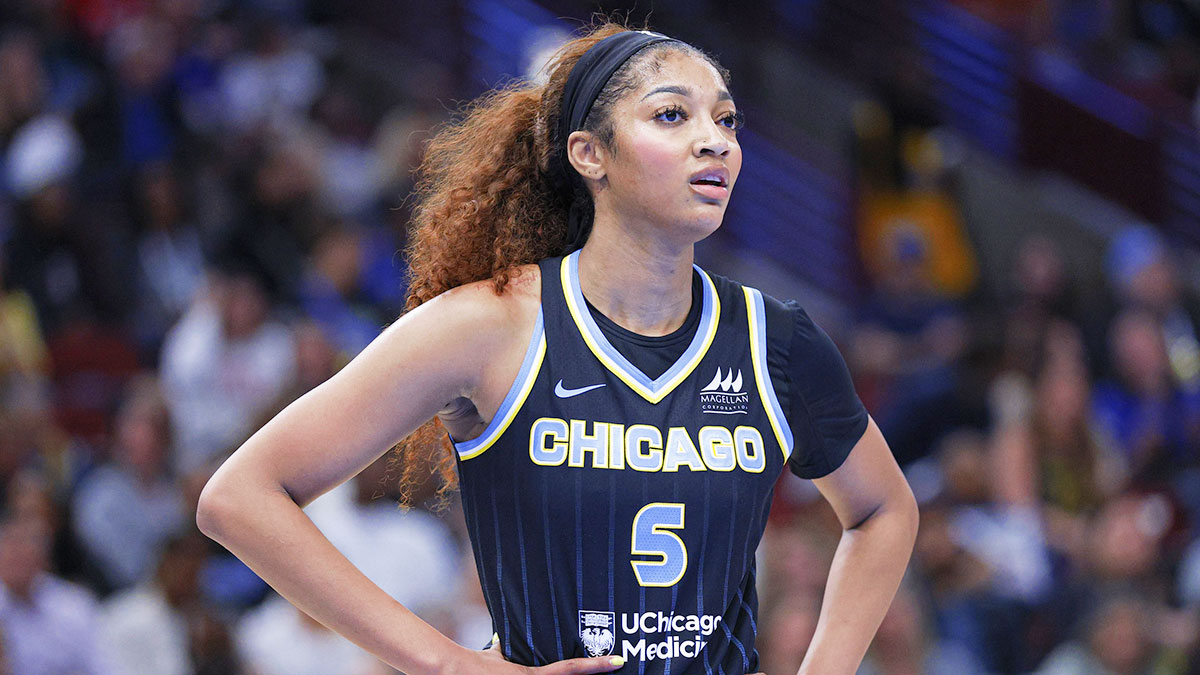 Chicago Sky forward Angel Reese (5) looks on during the first half of a WNBA game against the Indiana Fever at United Center.