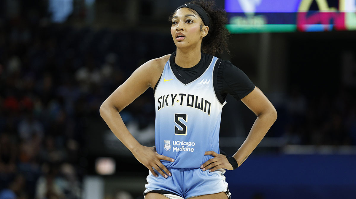 Chicago Sky forward Angel Reese (5) looks on during the first half at Wintrust Arena.