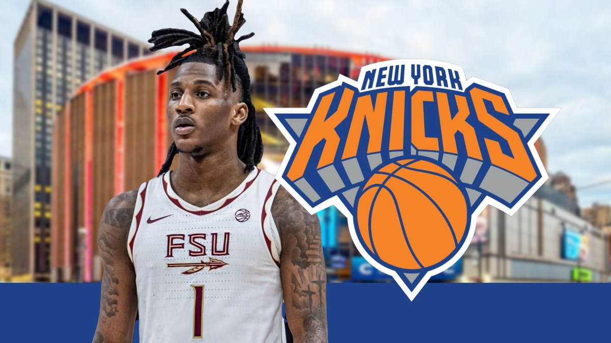 Jamir Watkins Florida State next to New York Knicks logo. Madison Square Garden in the background, blue stripe at the bottom