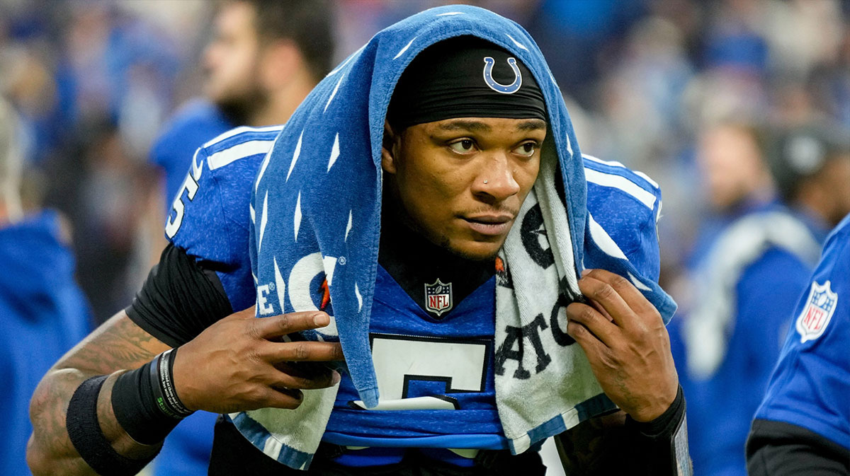 Indianapolis Colts quarterback Anthony Richardson (5) leaves the field Sunday, Nov. 24, 2024, after losing 24-6 to the Detroit Lions at Lucas Oil Stadium in Indianapolis.