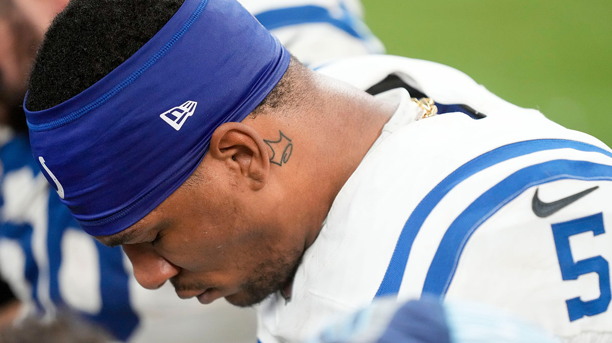 Indianapolis Colts quarterback Anthony Richardson (5) kneels in prayer Sunday, Dec. 22, 2024, after a game against the Tennessee Titans at Lucas Oil Stadium in Indianapolis.