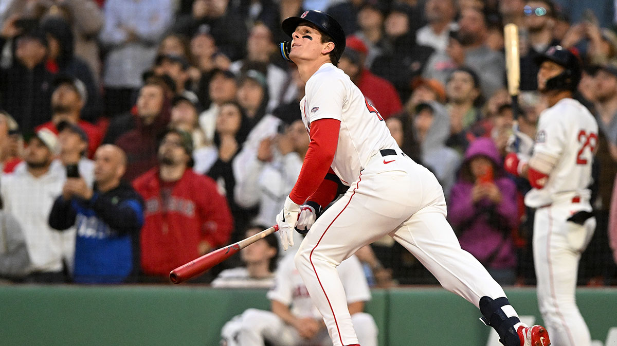 Boston Red Sox right fielder Roman Anthony (48) hits a fly out to left field during the second inning of a game against the Tampa Bay Rays at Fenway Park.