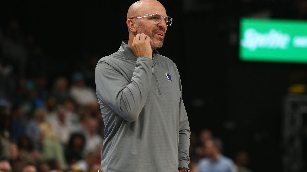 Apr 18, 2025; Memphis, Tennessee, USA; Dallas Mavericks head coach Jason Kidd during the third quarter against the Memphis Grizzlies at FedExForum. Mandatory Credit: Petre Thomas-Imagn Images